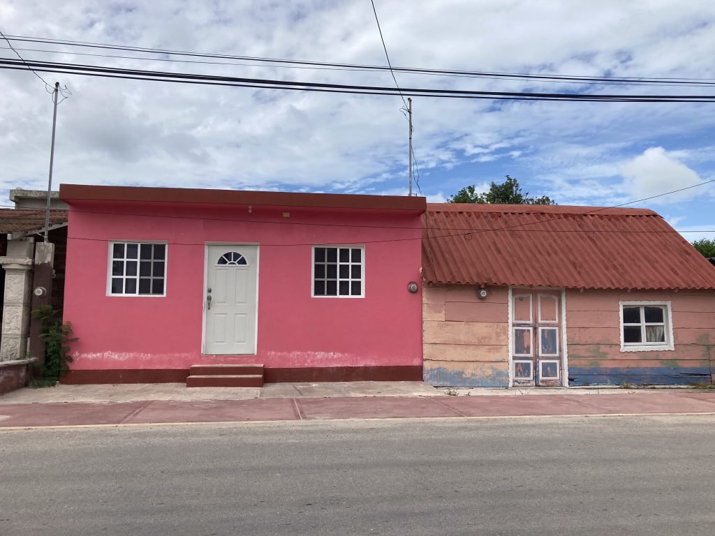 Roze huis met plat dank naast bruinrood huis in San Felipe. 