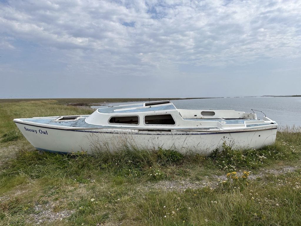 Oude, witte boot op grasveld voor water.