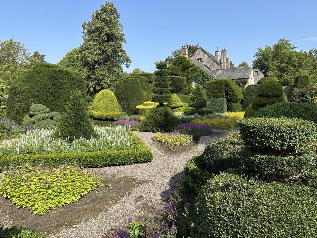 Gesculpteerde buxus in erschillende tinten groen. 