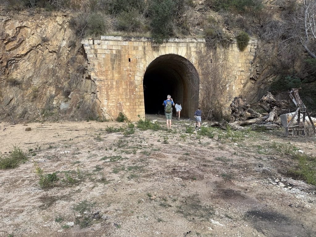Ingang van spoorwegtunnel door rotsen. 
