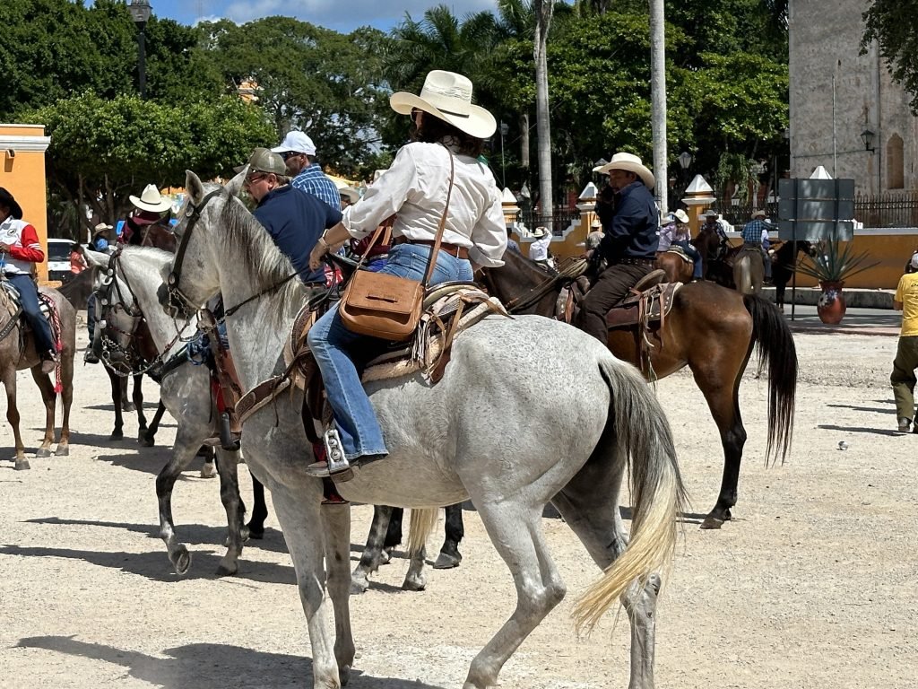 Schimmel met amazone met cowboy-hoed op de Cabalgata. 