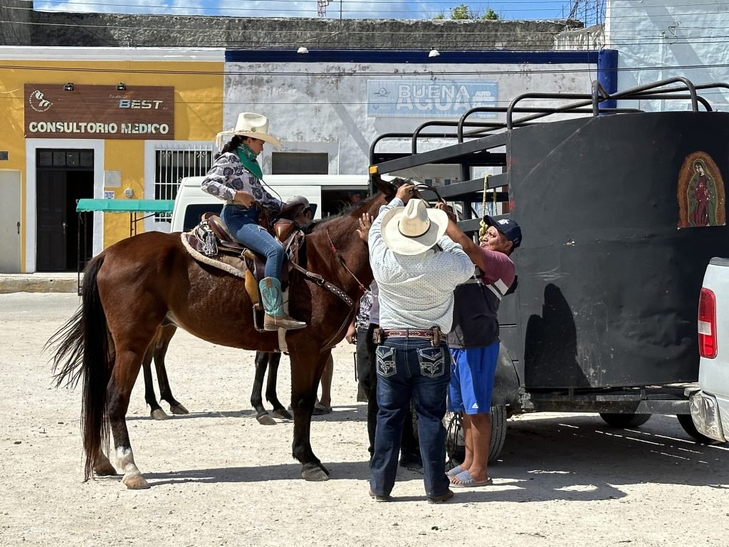 Cowboys tuigen paard van amazone af. 
