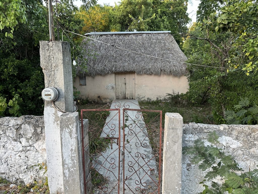 Oud ovalen Maya-huis met rieten dak. 
