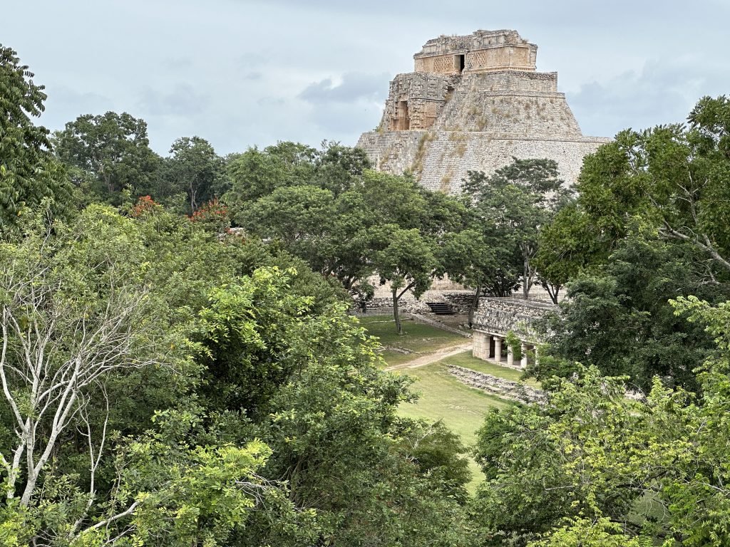 De grote piramide van Uxmal rijst op uit het groen.