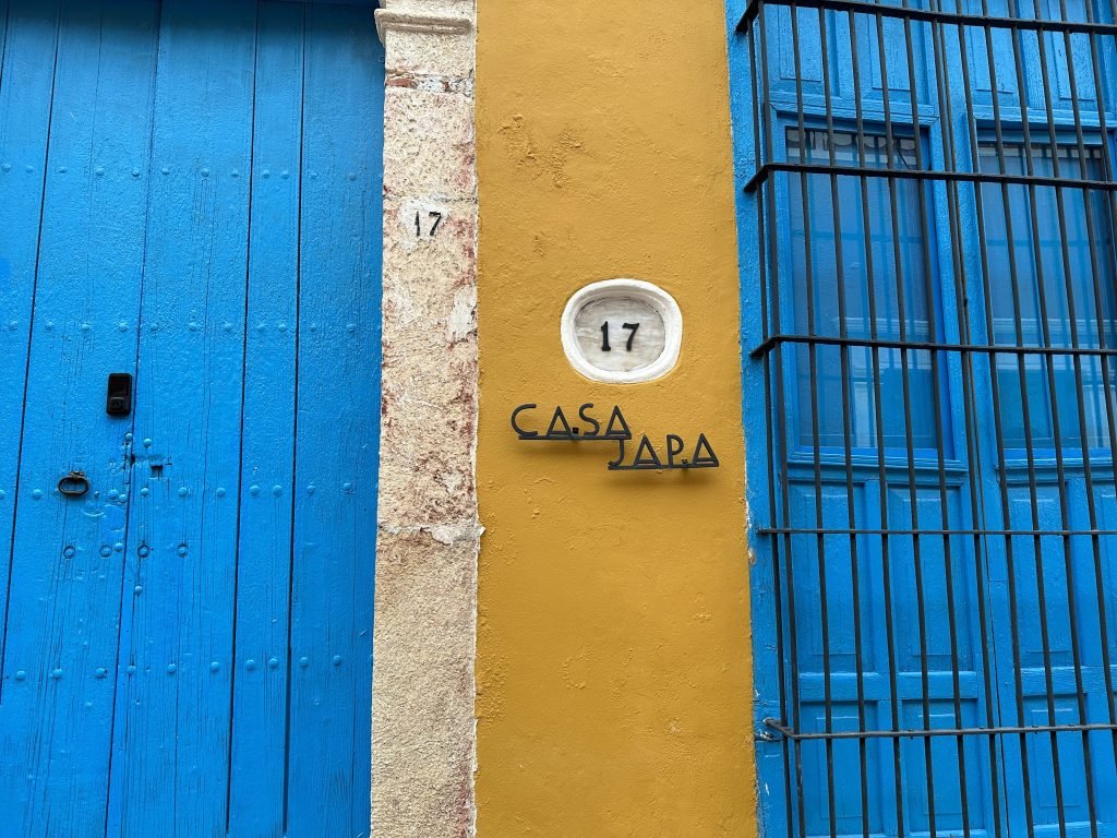Casa japa gevl: blauwe deuren met in het midden een okergele strook