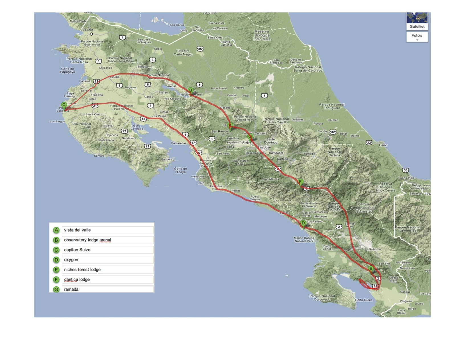 Kaart van Costa RIca met rode aangeduide reisroute.