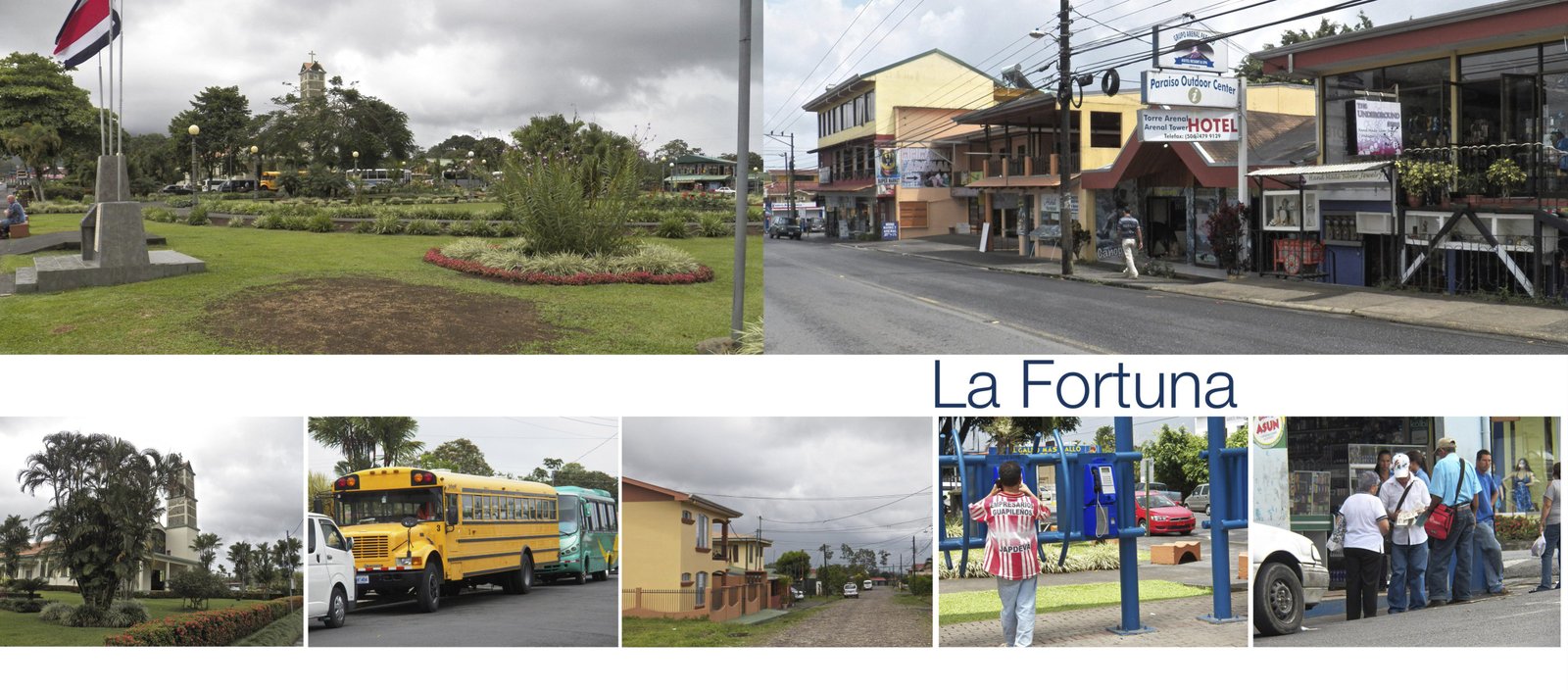 Overzicht van La Fortuna foto's: straattonelen, gele bus, pleinen.